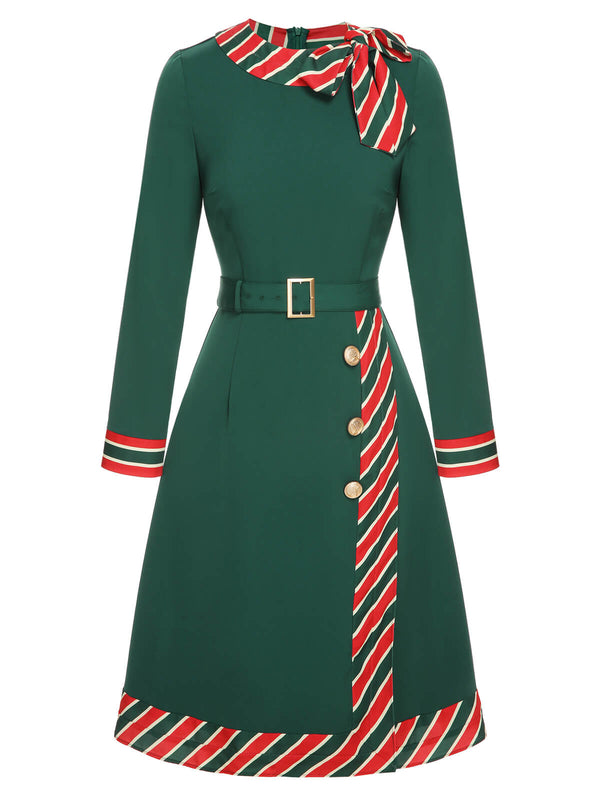 Vintage Green Stripe Patchwork Christmas Dress With Belt /Size Large