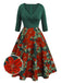 Green 1950s V-Neck Floral Patchwork Dress