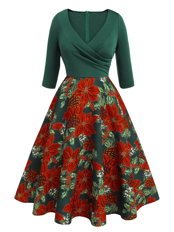Retro Stage 1950s V-Neck Floral Patchwork Dress Green /Size XXL