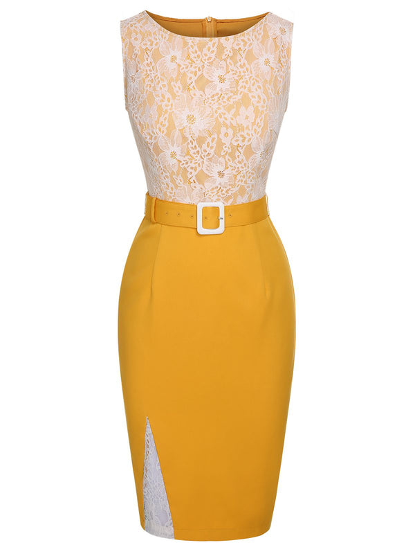 Women's Vintage Sleeveless Work Party Tea Length Cute Sheath Dress Yellow L