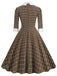 Brown 1950s Lapel Bow Decor Plaids Dress