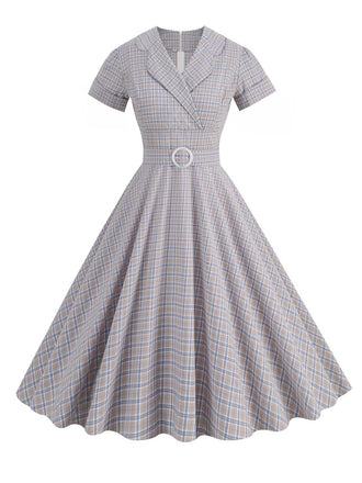 1950s Lapel Plaids Belted Dress
