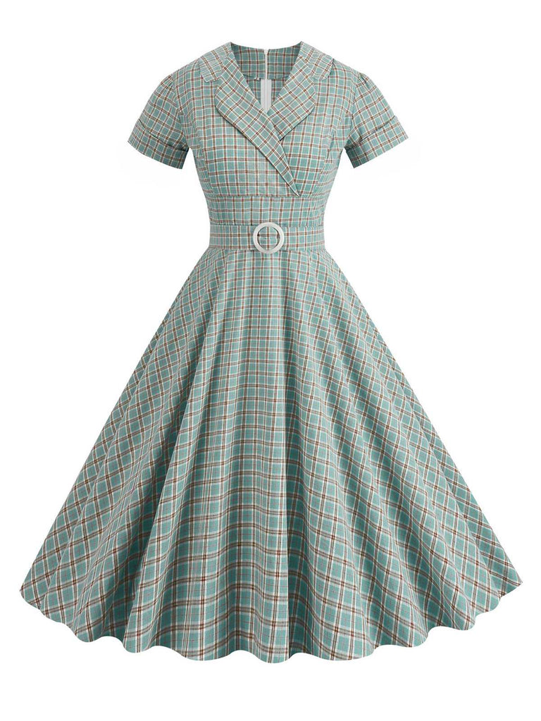 1950s Lapel Plaids Belted Dress