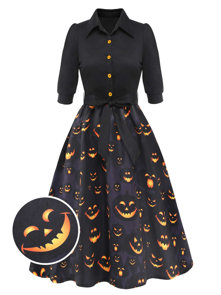 Black 1940s Halloween Lapel Pumpkin Belted Dress