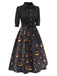 Black 1940s Halloween Lapel Pumpkin Belted Dress