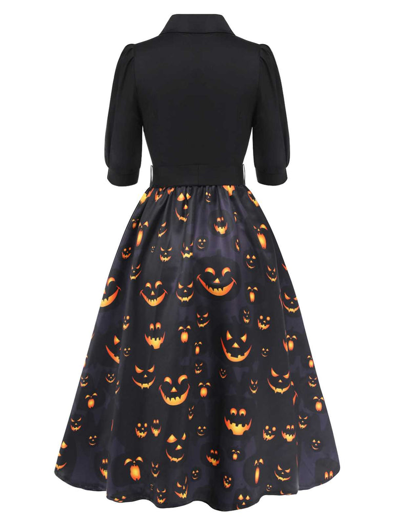 Black 1940s Halloween Lapel Pumpkin Belted Dress