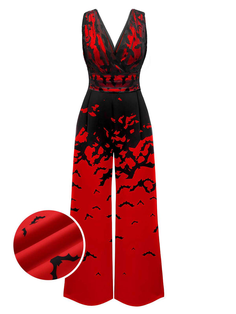 Red 1930s Halloween V-Neck Bat Jumpsuit