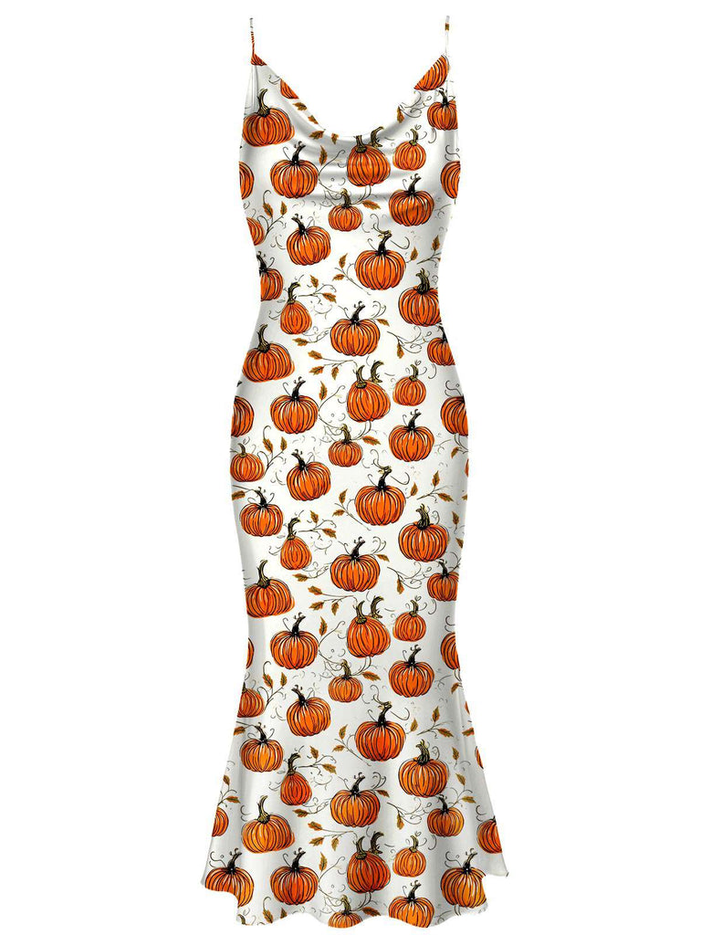 [Pre-Sale] Yellow & White 1930s Halloween Pumpkins Fishtail Dress