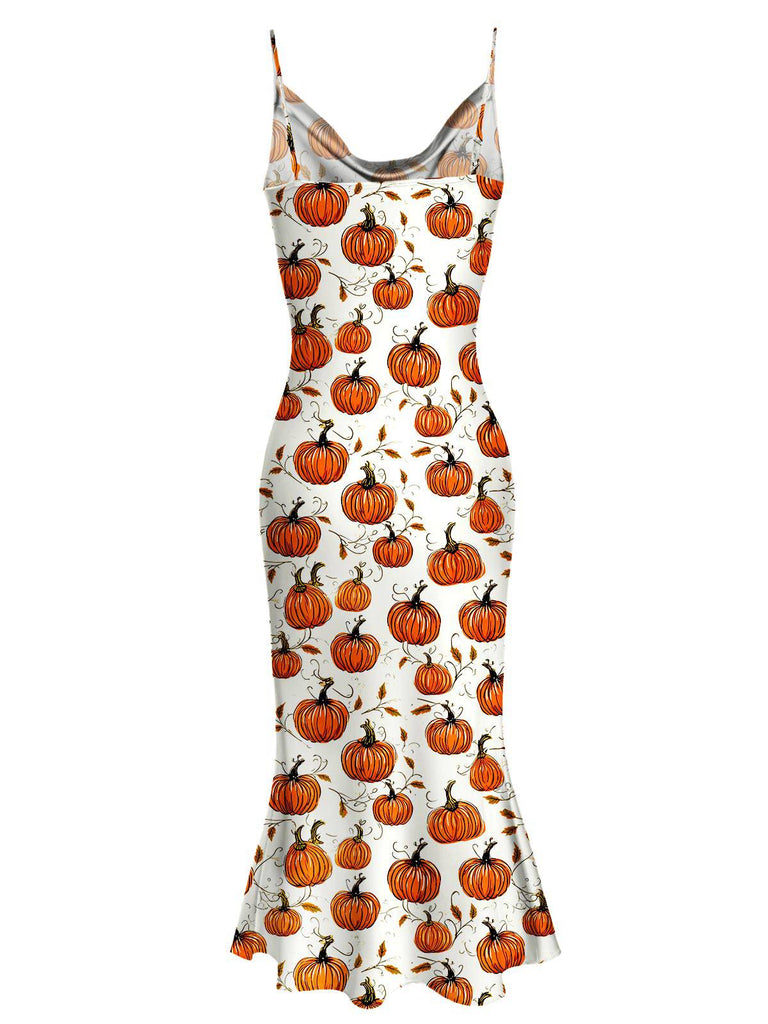 [Pre-Sale] Yellow & White 1930s Halloween Pumpkins Fishtail Dress