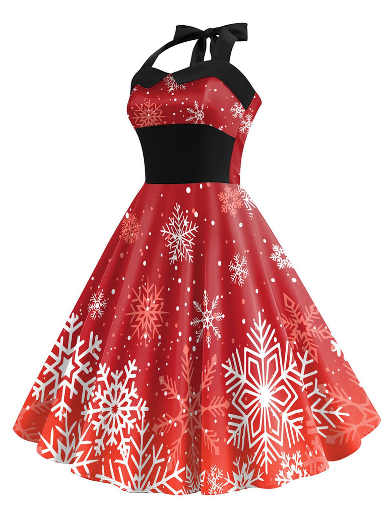 Red 1950s Christmas Snowflake Halter Dress