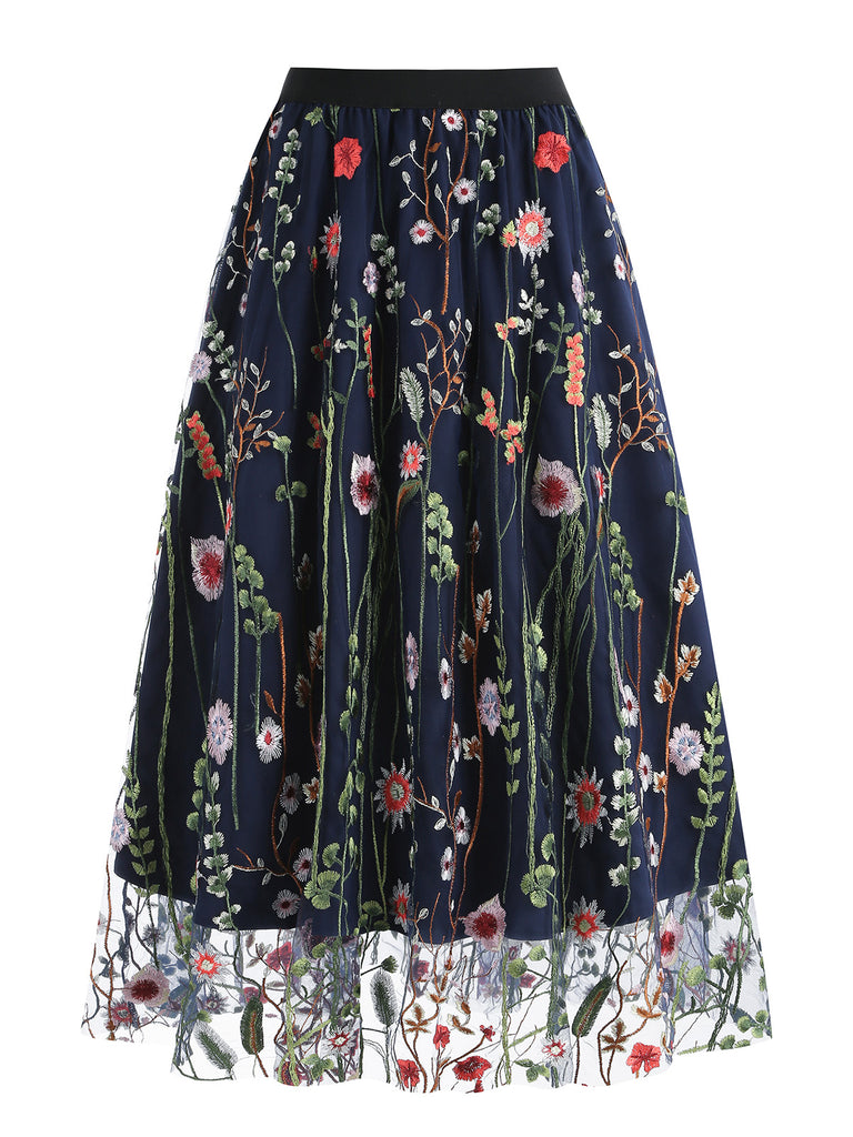 1950s Floral Embroidered Mesh Skirt