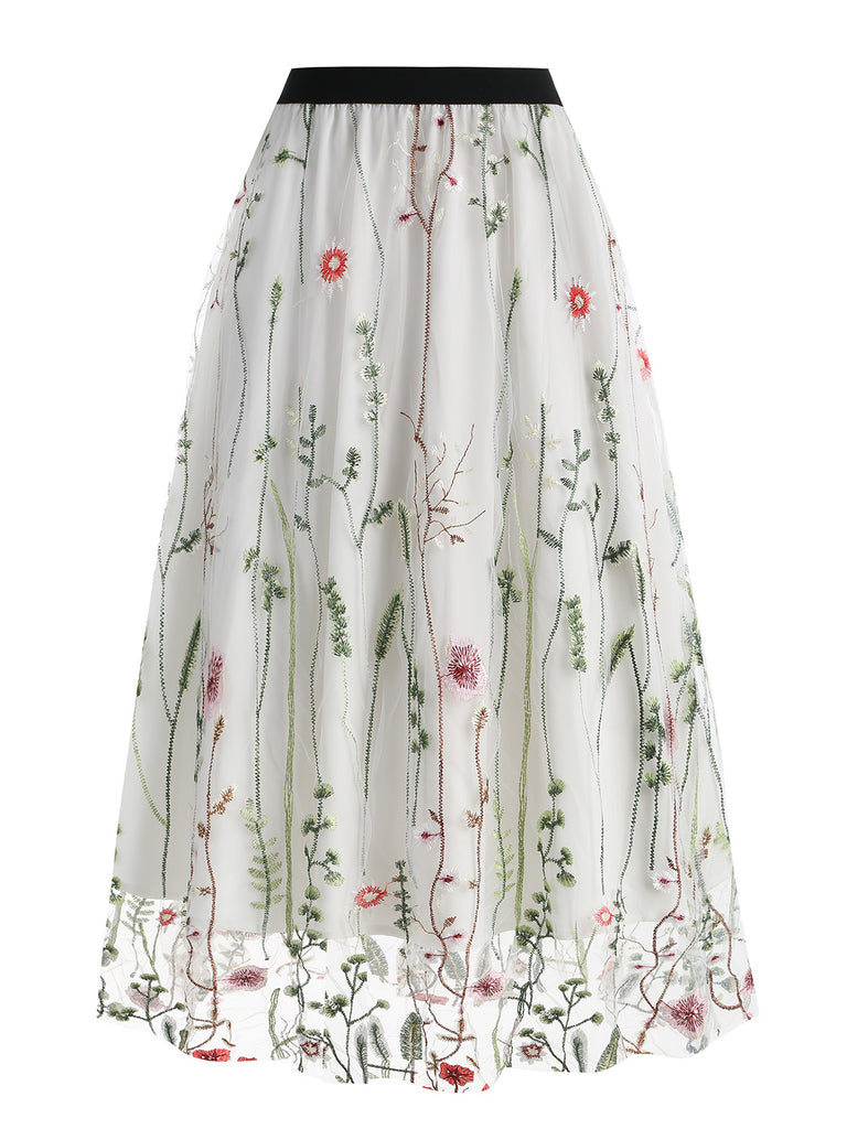 1950s Floral Embroidered Mesh Skirt