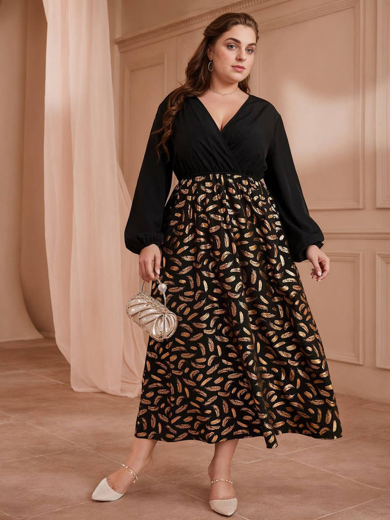 [Plus Size] Black 1930s Feather Patchwork V-Neck Dress
