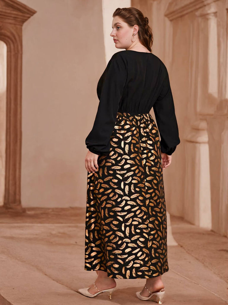 [Plus Size] Black 1930s Feather Patchwork V-Neck Dress