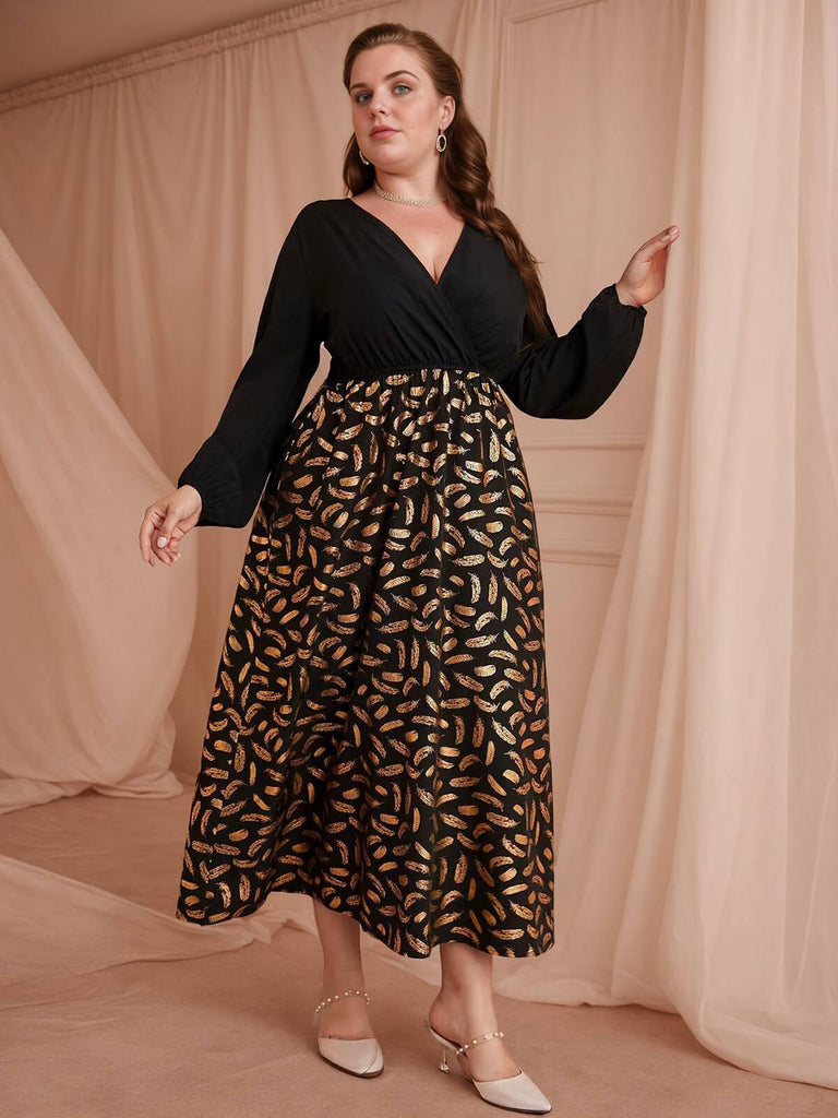 [Plus Size] Black 1930s Feather Patchwork V-Neck Dress