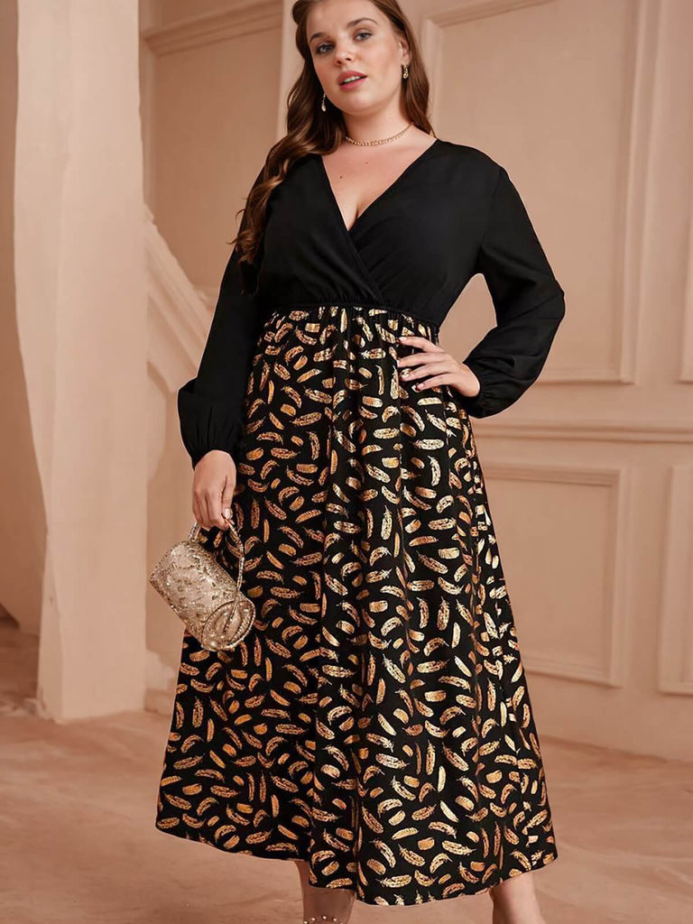 [Plus Size] Black 1930s Feather Patchwork V-Neck Dress
