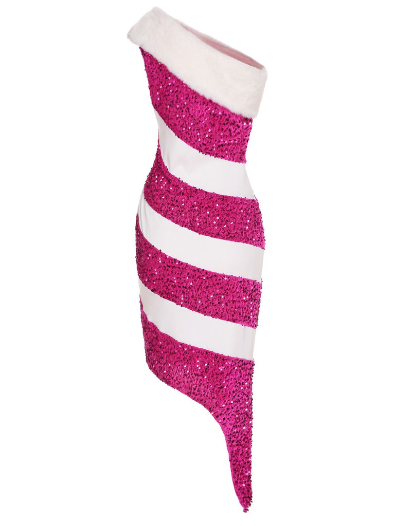 Pink 1960s Christmas Candy Cane Off-Shoulder Dress