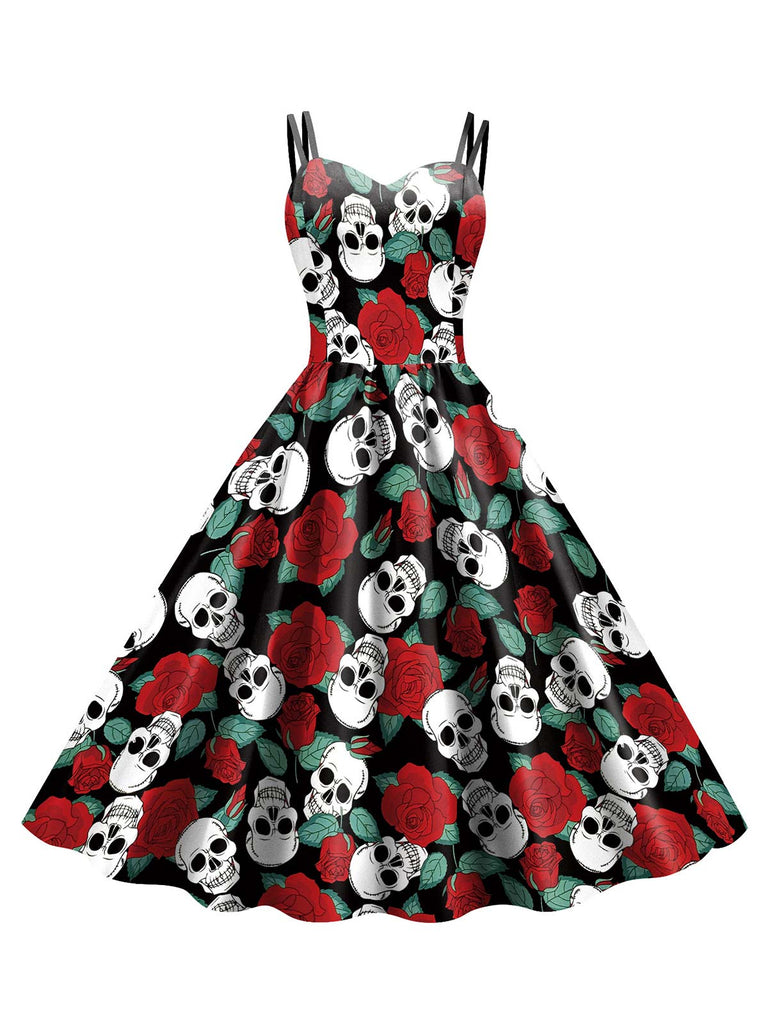 1950s Halloween Skull Rose Strap Dress
