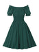 1950s Solid Smocked Waist Off-Shoulder Dress