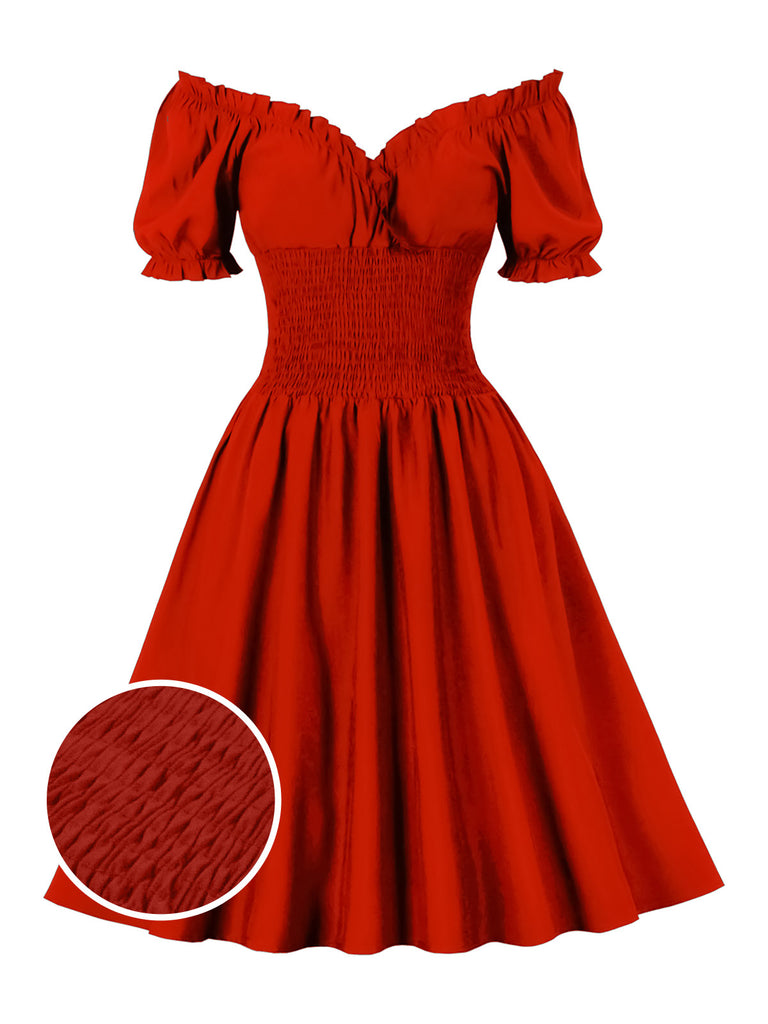 1950s Solid Smocked Waist Off-Shoulder Dress