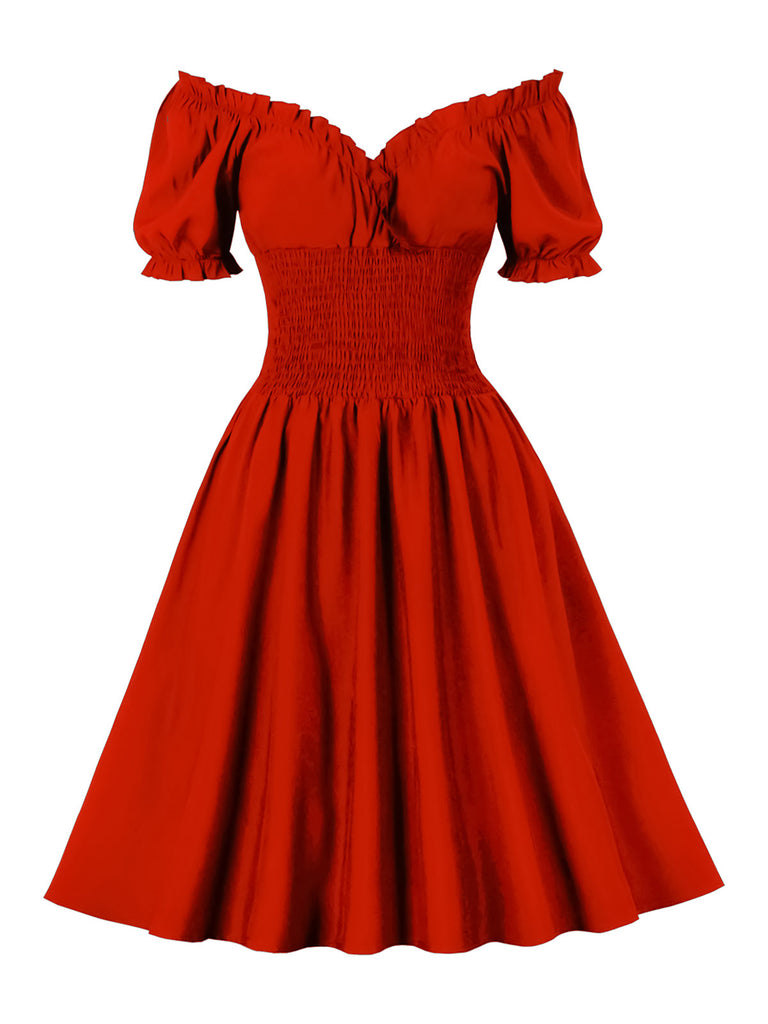 1950s Solid Smocked Waist Off-Shoulder Dress