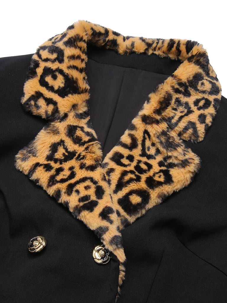 [Pre-Sale] Black 1950s Leopard Lapel Pocket Coat