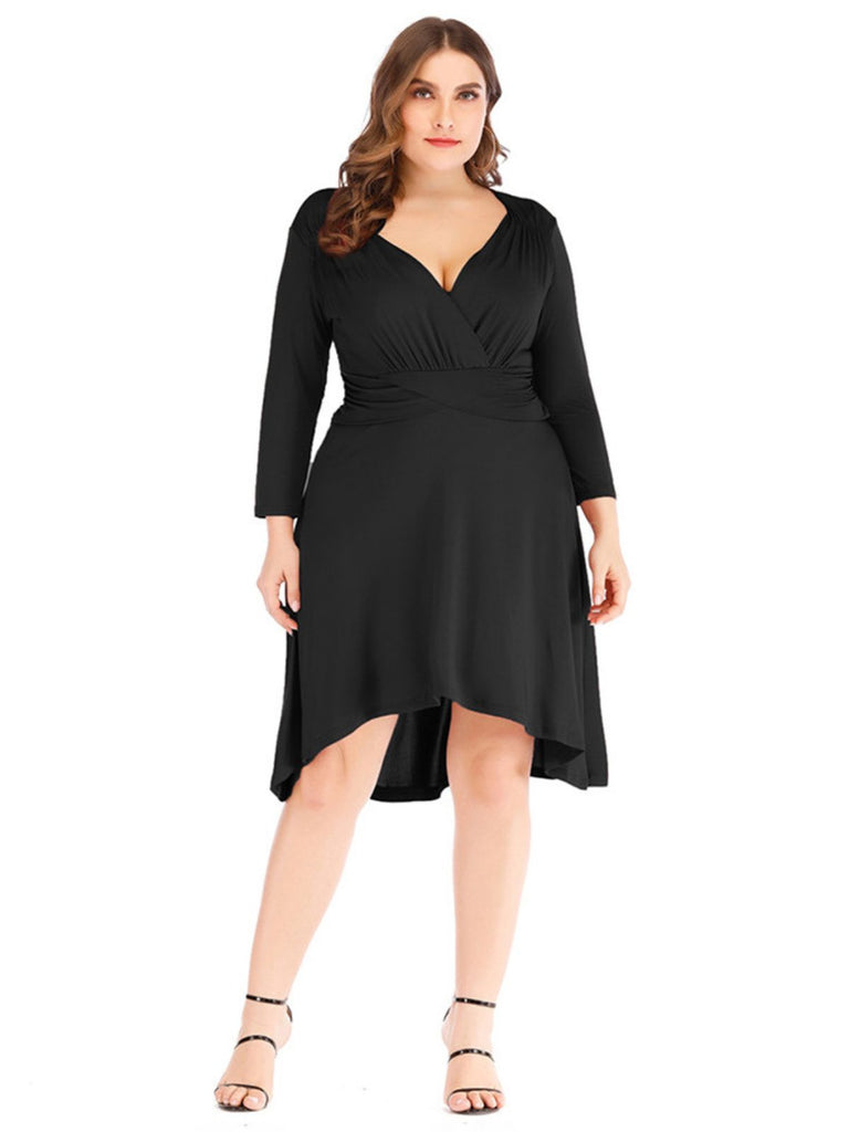[Plus Size] 1960s Solid Pleated Long Sleeved Dress