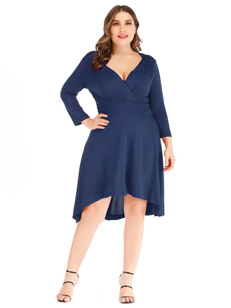 [Plus Size] 1960s Solid Pleated Long Sleeved Dress
