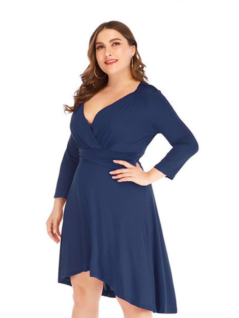 [Plus Size] 1960s Solid Pleated Long Sleeved Dress