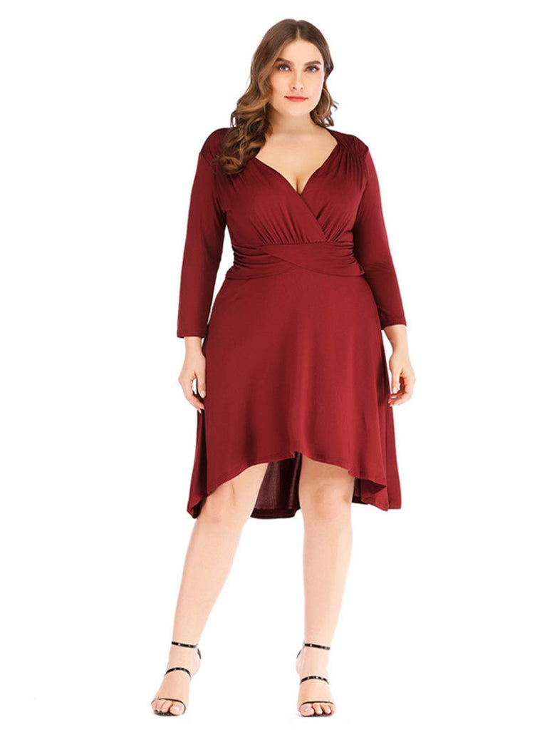 [Plus Size] 1960s Solid Pleated Long Sleeved Dress