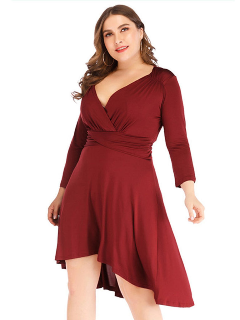 [Plus Size] 1960s Solid Pleated Long Sleeved Dress