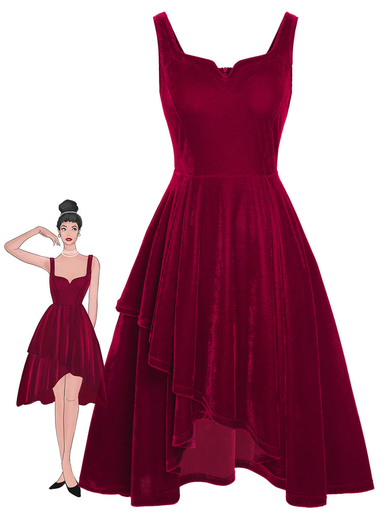 Red 1950s Sweetheart Collar Velvet Strap Dress | Retro Stage