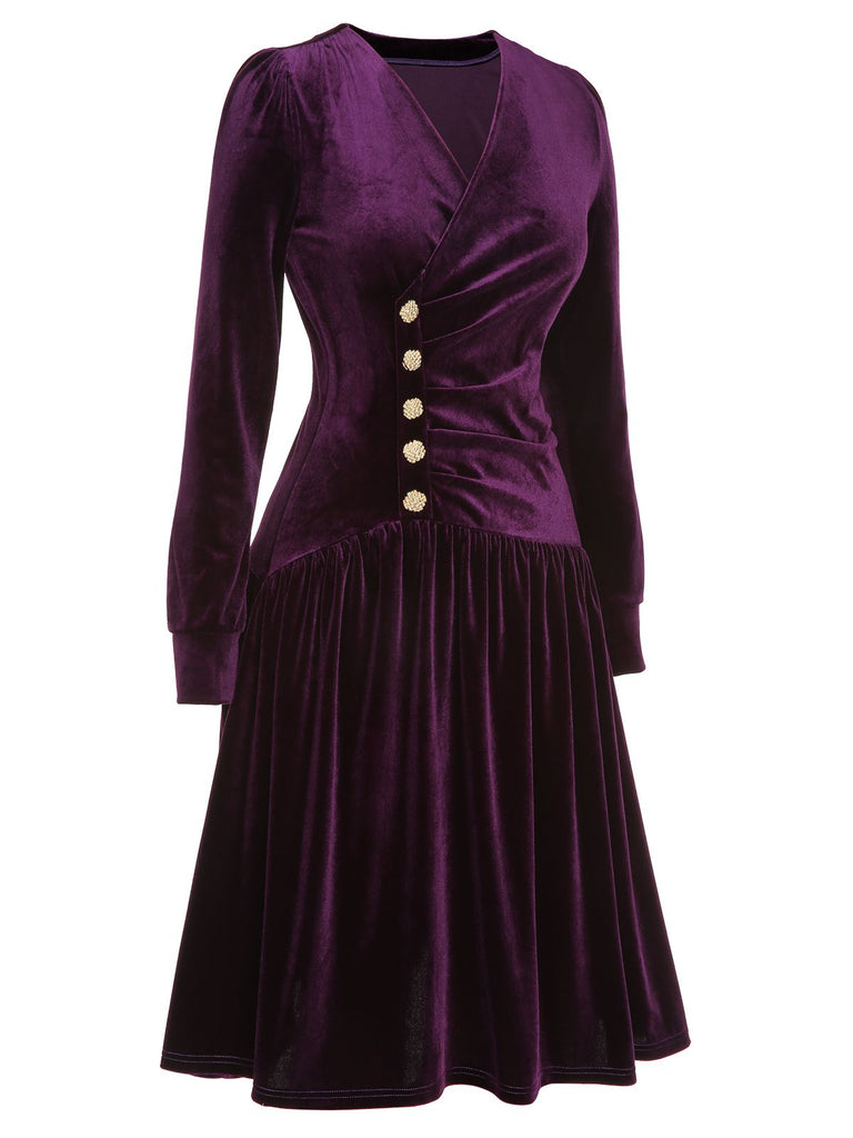 Purple 1940s Solid Velvet Buttons Dress | Retro Stage