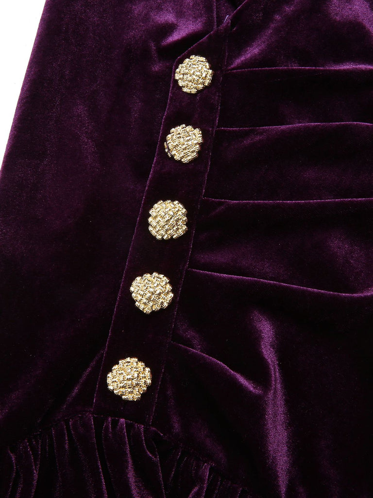 Purple 1940s Solid Velvet Buttons Dress | Retro Stage