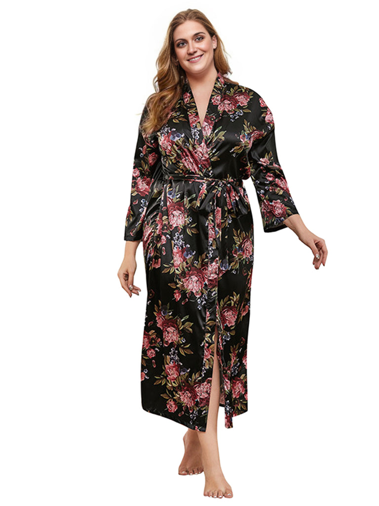 [Plus Size] Black 1930s V-Neck Floral Pajama Jacket