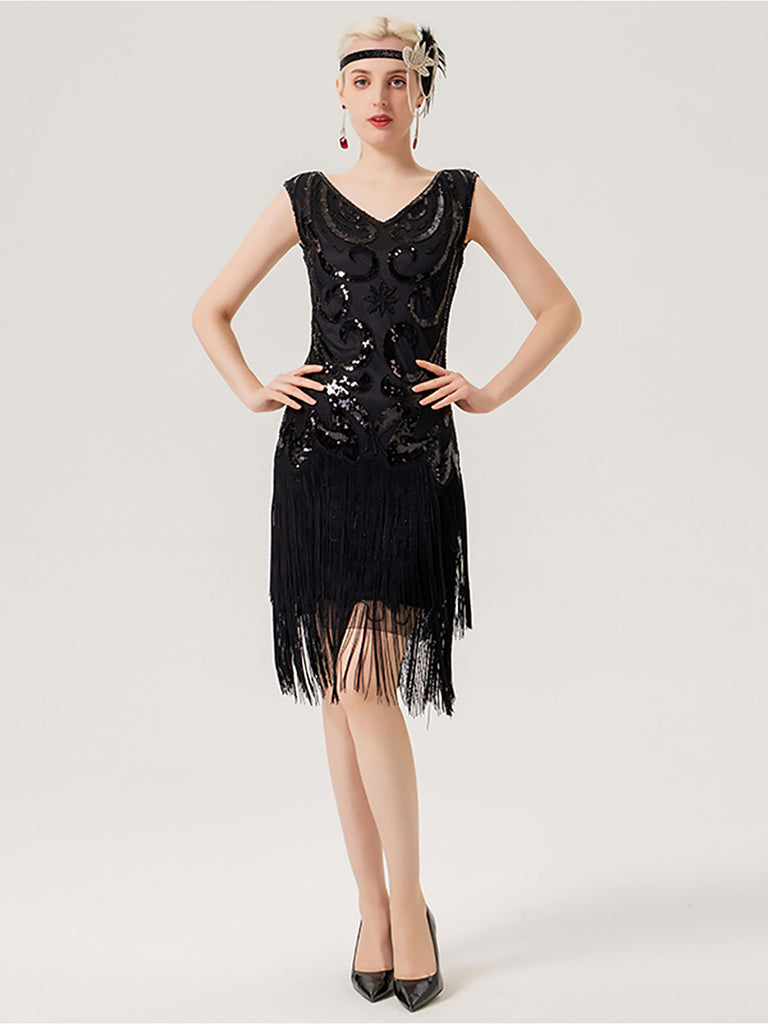 1920s Sequined Fringed V-Neck Charleston Dress