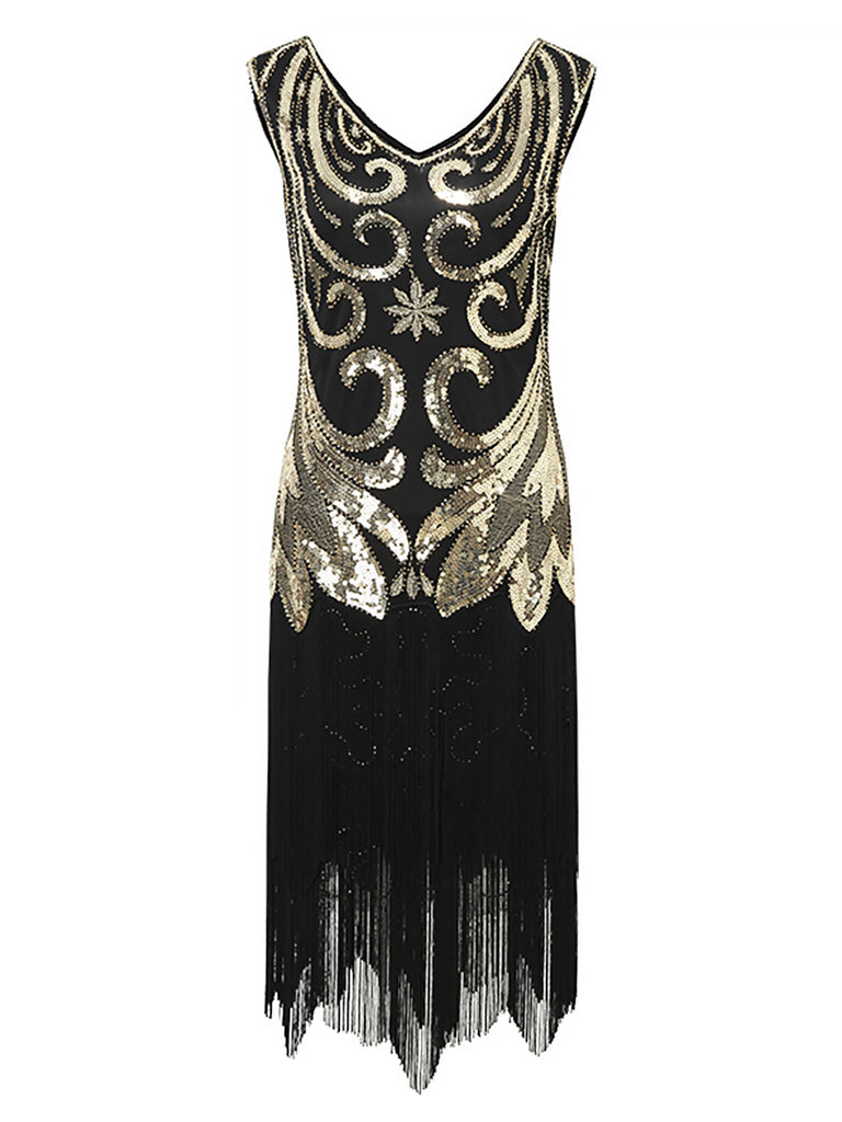 1920s Sequined Fringed V-Neck Charleston Dress
