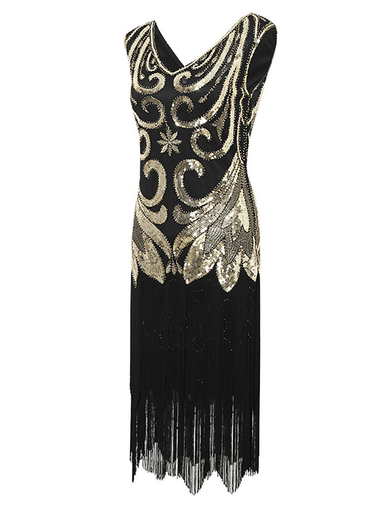 1920s Sequined Fringed V-Neck Charleston Dress