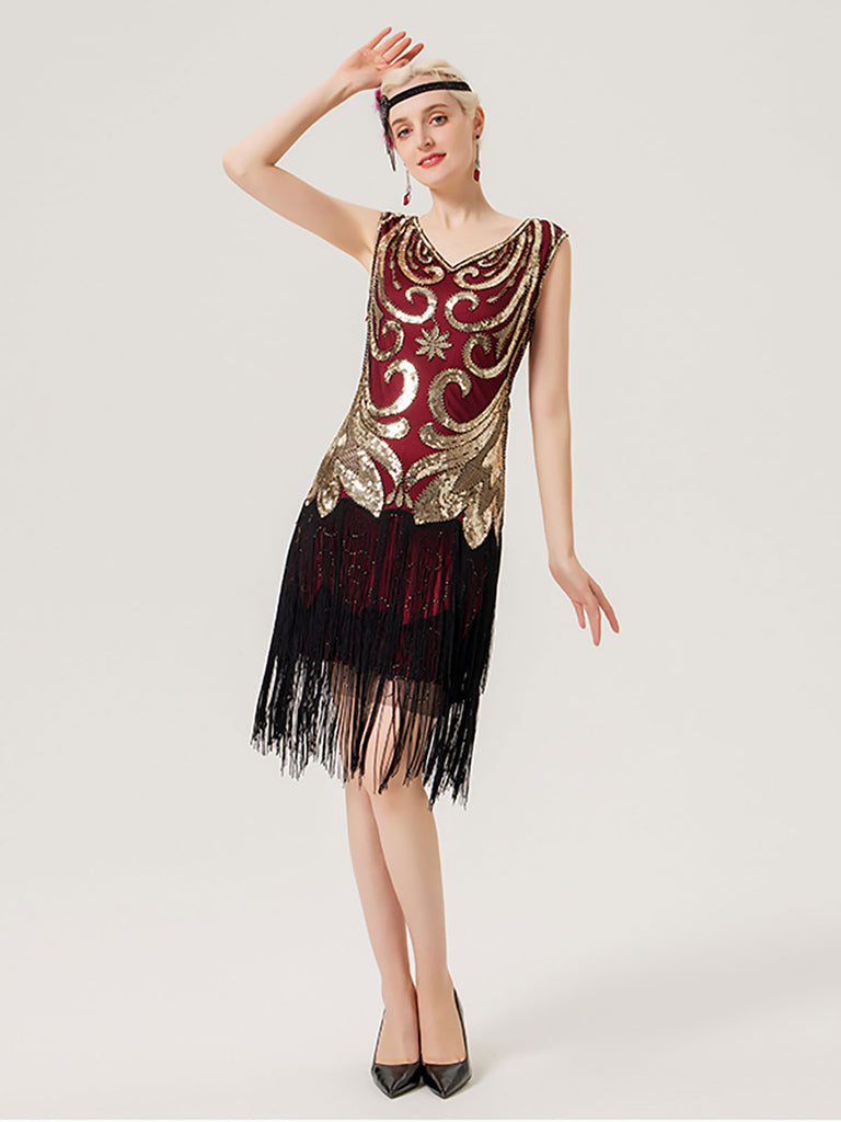 1920s Sequined Fringed V-Neck Charleston Dress