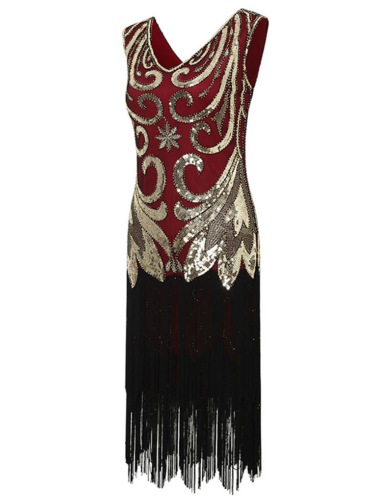 1920s Sequined Fringed V-Neck Charleston Dress