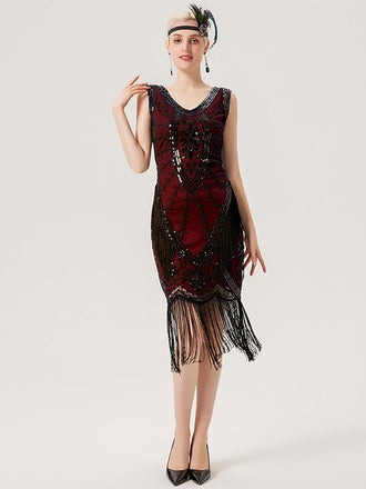 1920s Sequined Fringed Sleeveless Dress