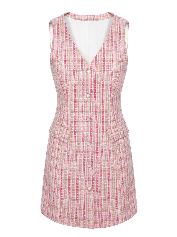 Pink Tweed V-neck Mini Dress for Date Party/Clubbing Work,L