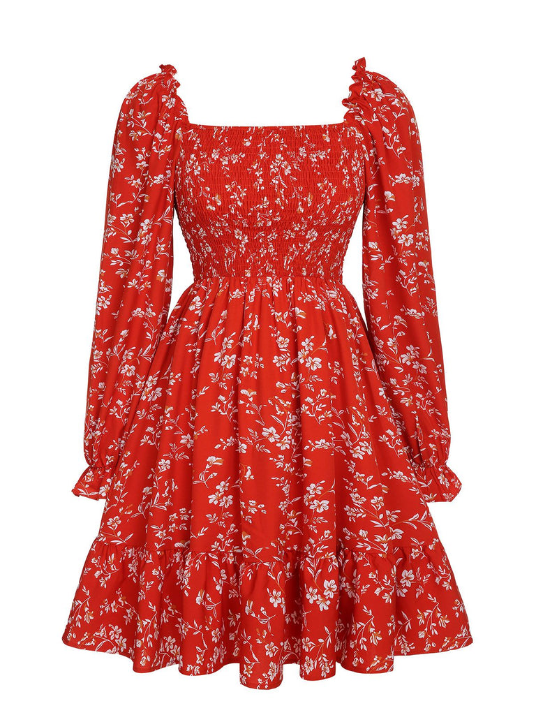 Red 1950s Ditsy Floral Bishop Long Sleeve Dress