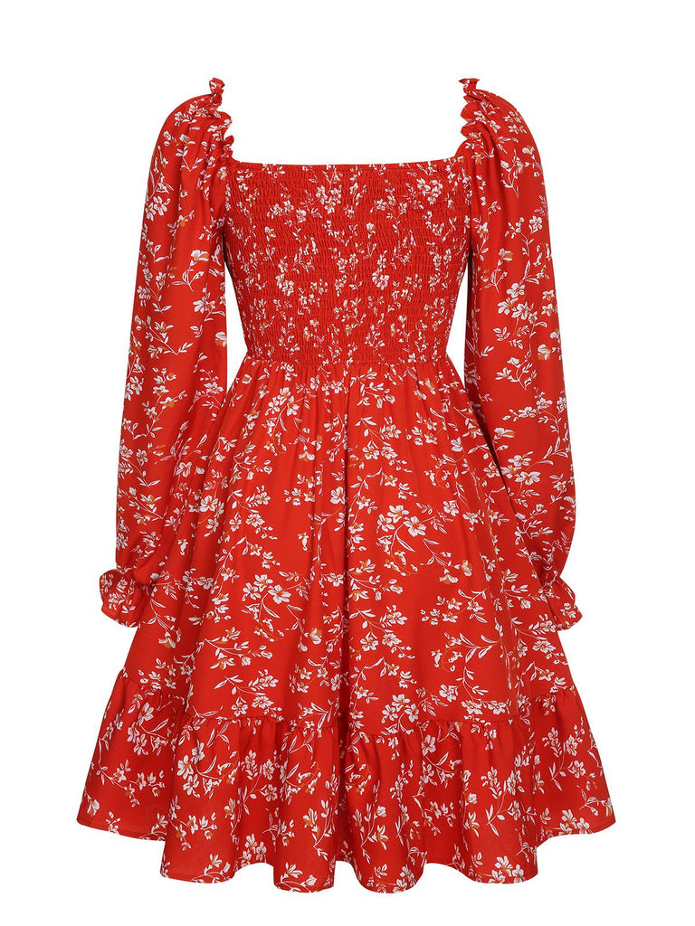 Red 1950s Ditsy Floral Bishop Long Sleeve Dress