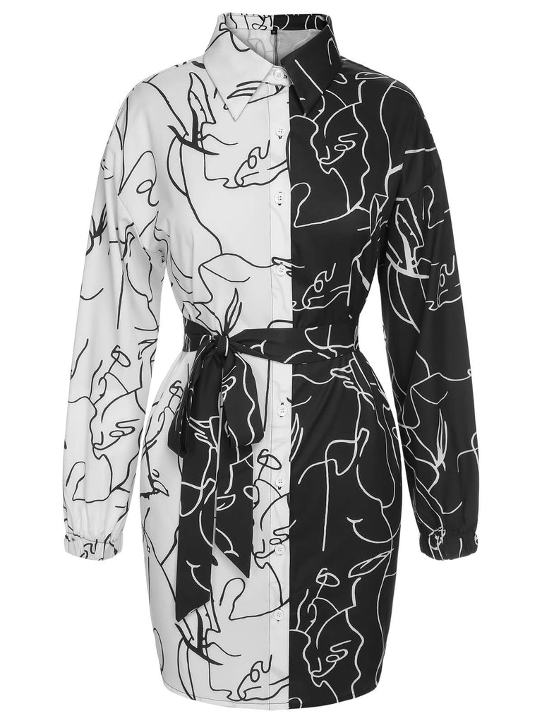 Black & White 1960s Abstract Art Lapel Dress