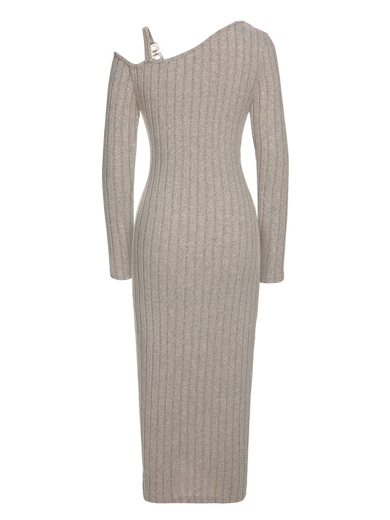 Grey 1960s Solid Knitted Irregular Wrap Dress