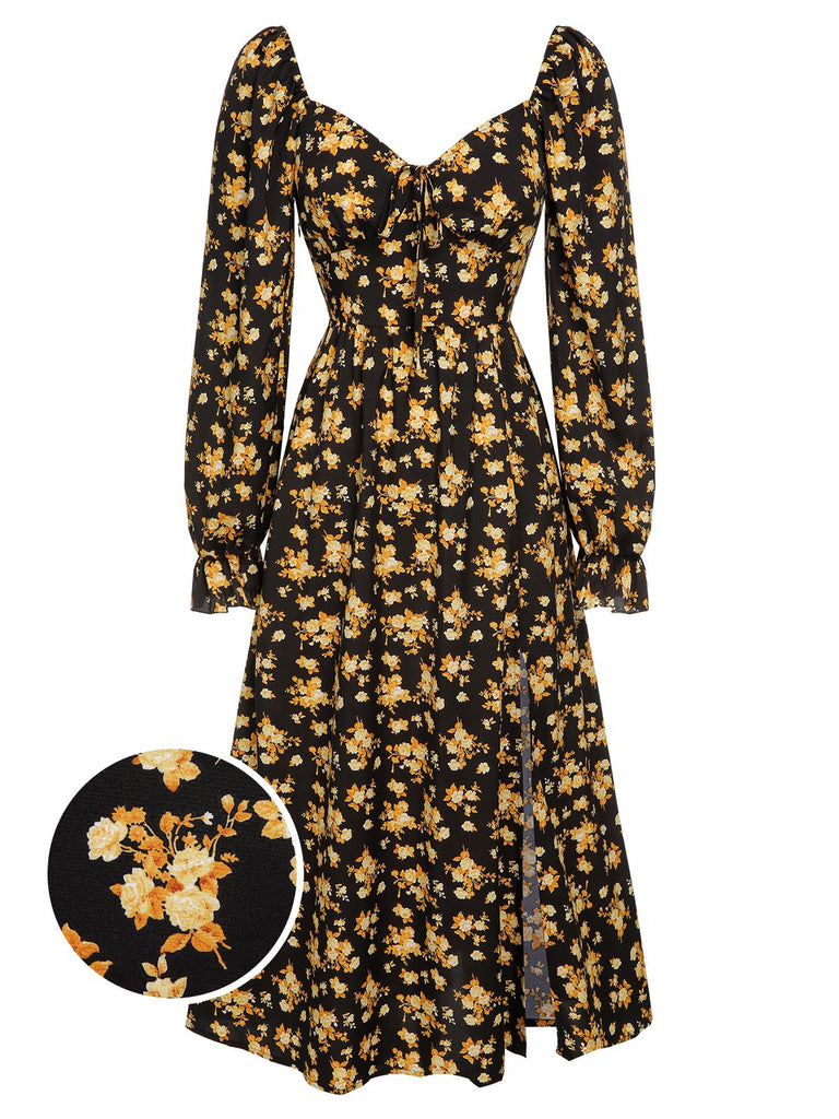 Black & Yellow 1930s Floral French Maxi Dress
