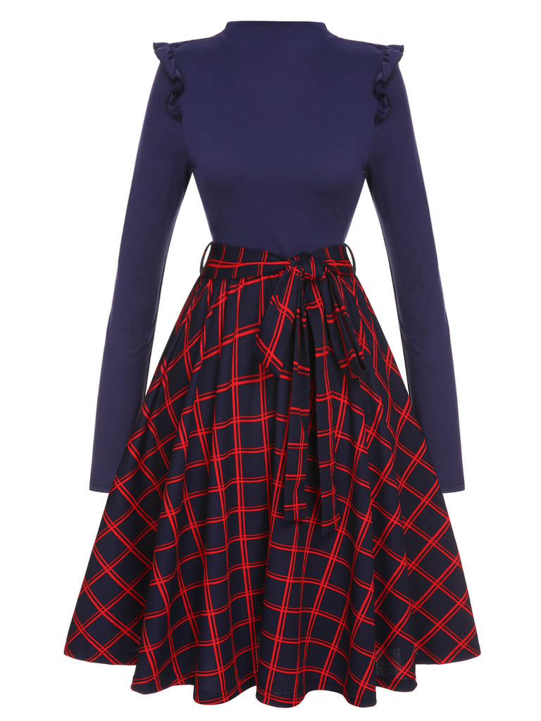 Blue 1950s Long Sleeve Plaid Dress