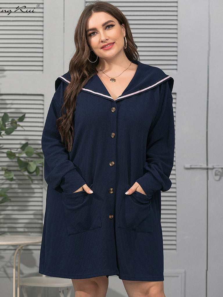 [Plus Size] Dark Blue 1940s Double Pocket Solid Long Sleeve Coat
