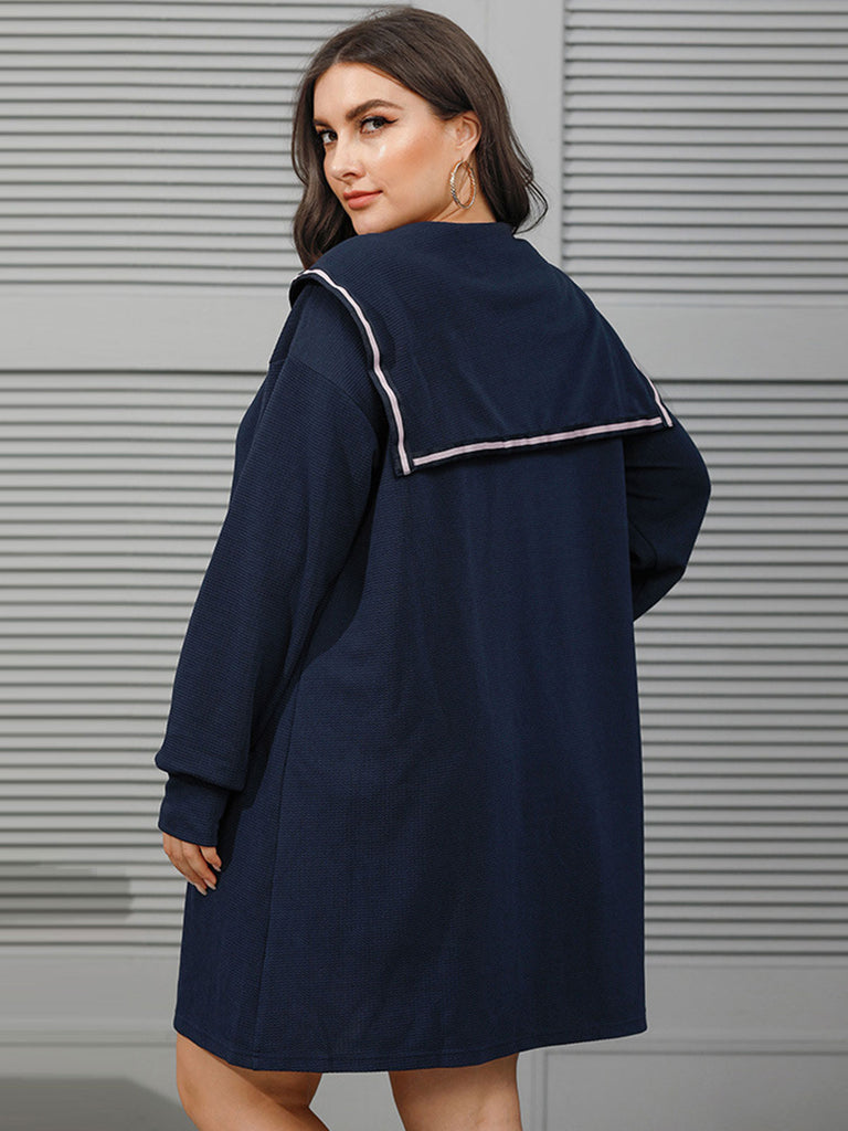 [Plus Size] Dark Blue 1940s Double Pocket Solid Long Sleeve Coat
